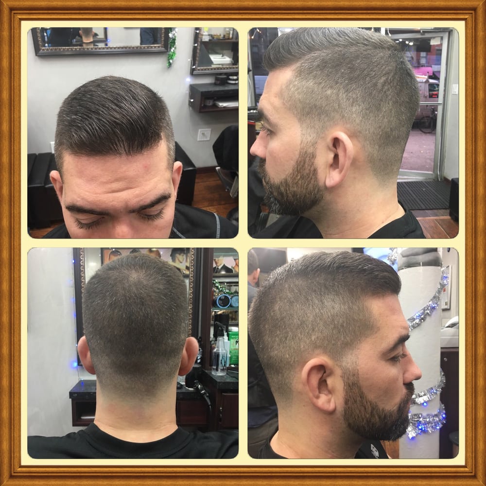 Four angles of a finished fade and beard shape up